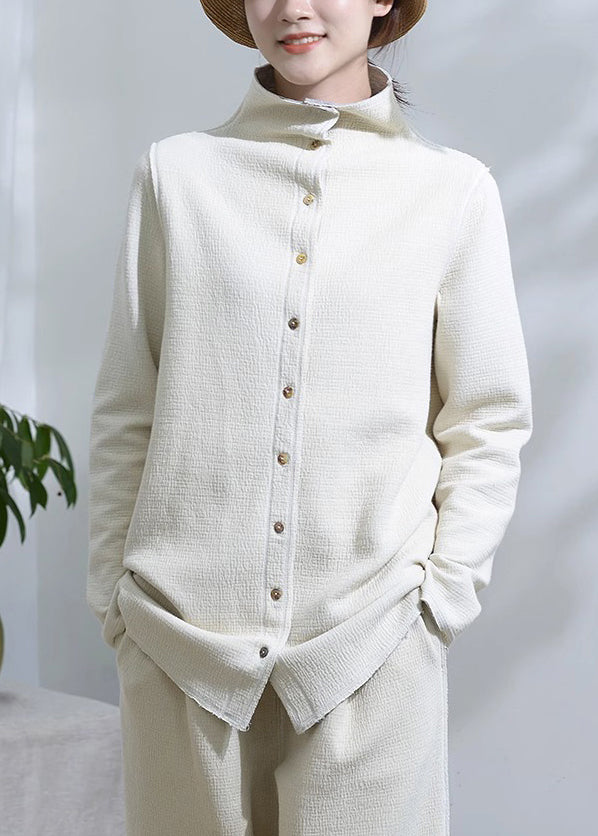 WW | White Stand-up Collar Button Patchwork Cotton Coats