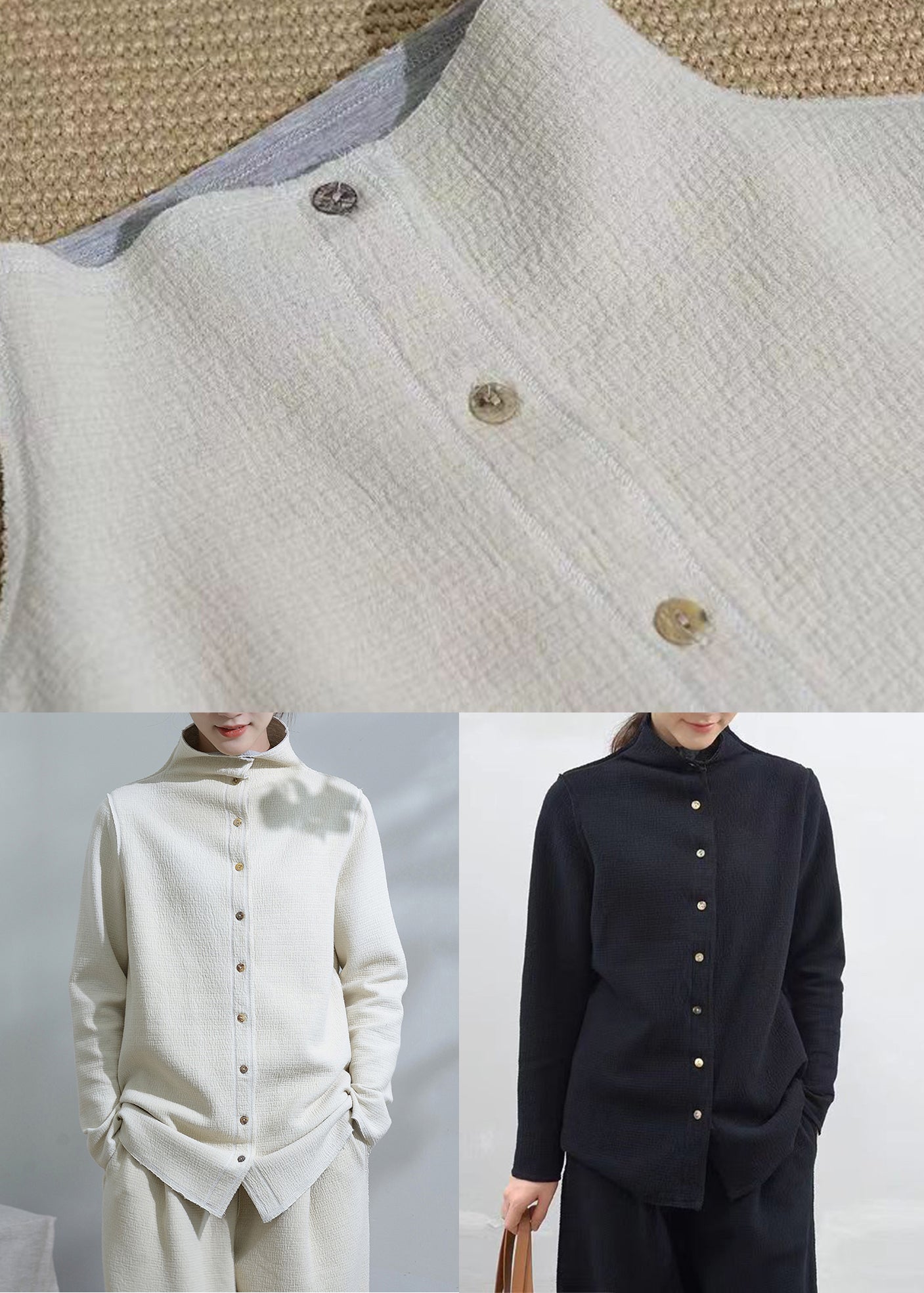 WW | White Stand-up Collar Button Patchwork Cotton Coats