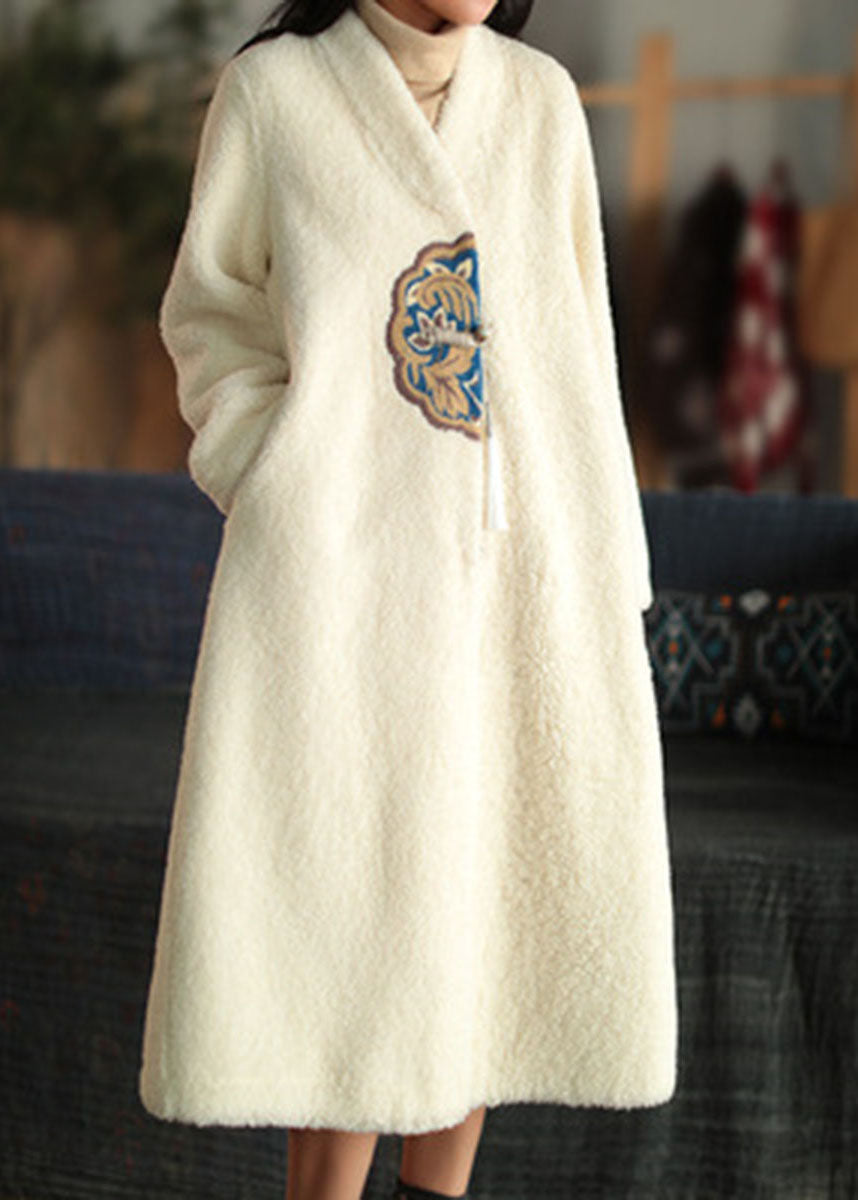 WW | White V-Neck Embroidered Patchwork Winter Thick Coats Wool Coat