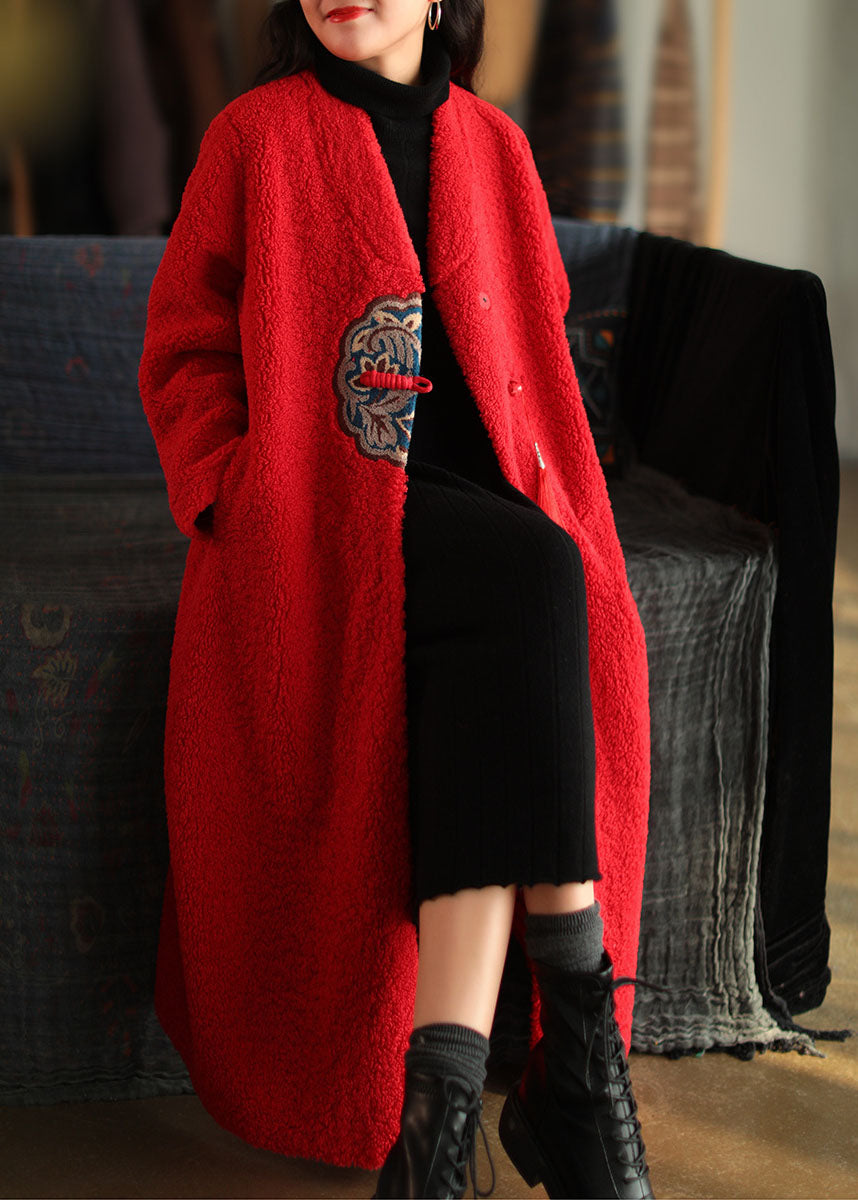 WW | White V-Neck Embroidered Patchwork Winter Thick Coats Wool Coat