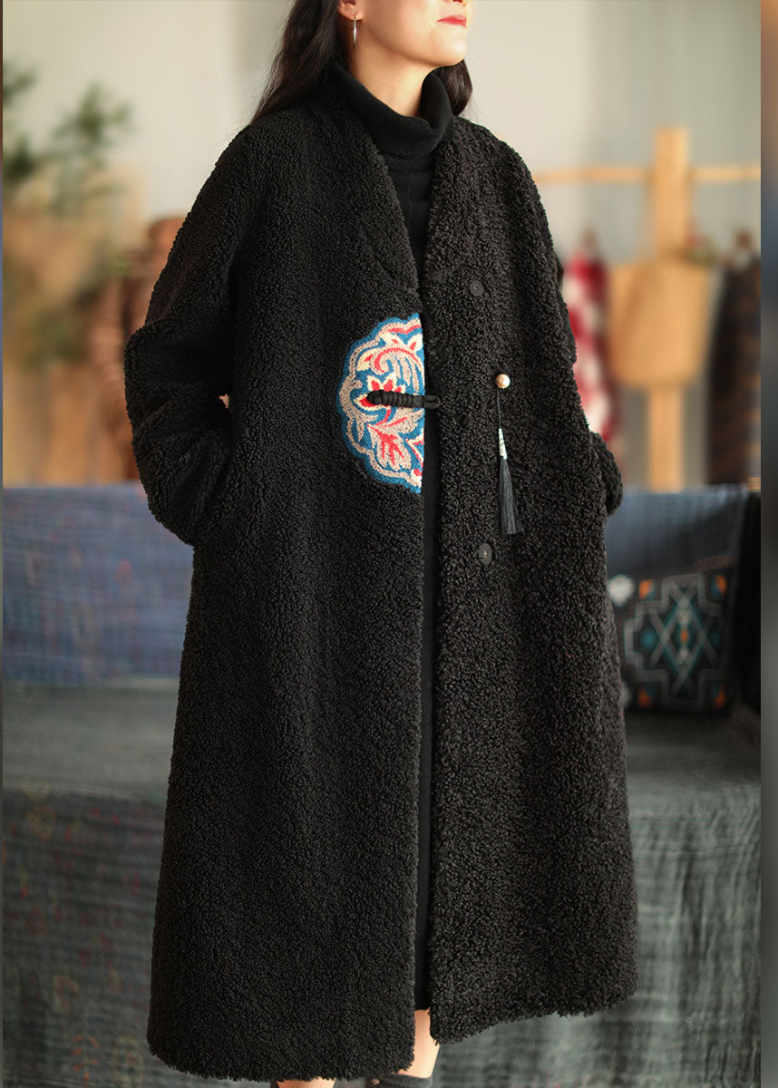 WW | White V-Neck Embroidered Patchwork Winter Thick Coats Wool Coat