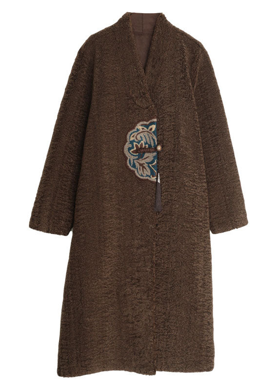 WW | White V-Neck Embroidered Patchwork Winter Thick Coats Wool Coat