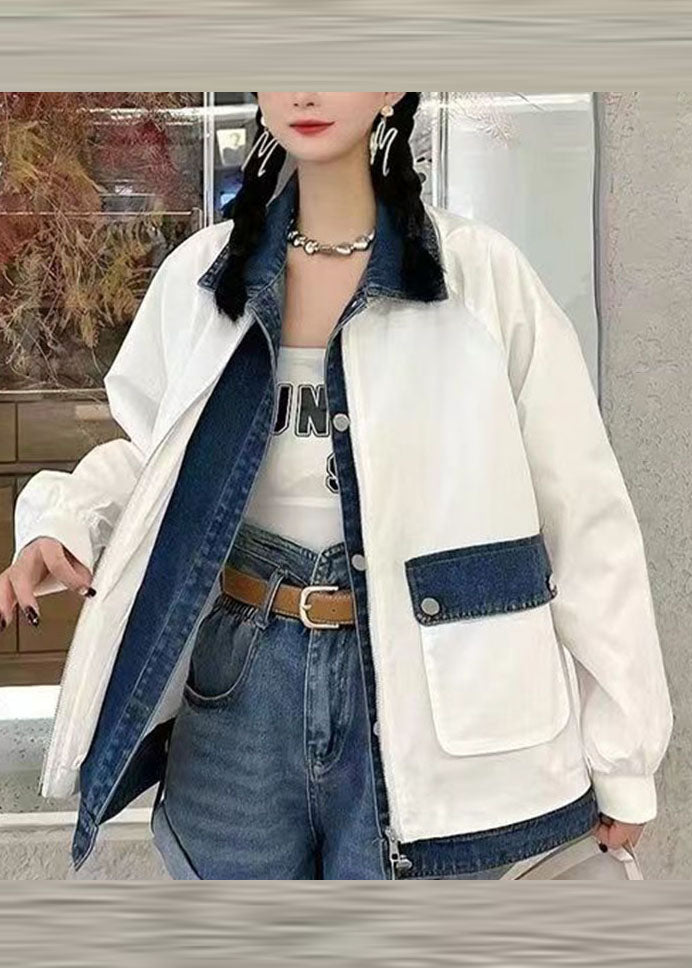 WW | Wine Red Peter Pan Collar Zipper Denim Patchwork Pockets Coats