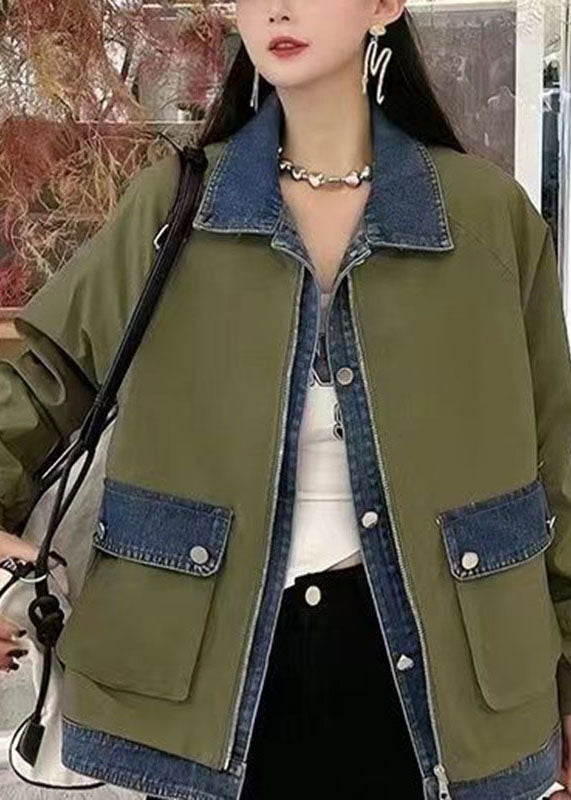 WW | Wine Red Peter Pan Collar Zipper Denim Patchwork Pockets Coats