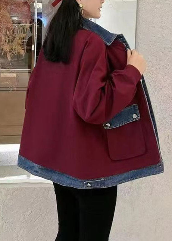 WW | Wine Red Peter Pan Collar Zipper Denim Patchwork Pockets Coats