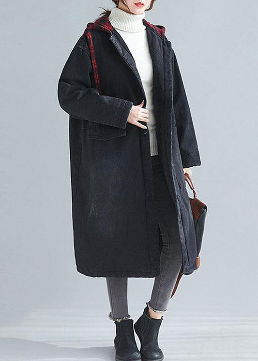 WW | Denim Black Fine Casual Coats Women Inspiration Hooded Patchwork Outwears