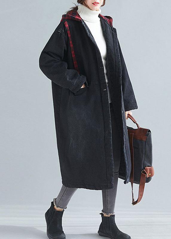 WW | Denim Black Fine Casual Coats Women Inspiration Hooded Patchwork Outwears