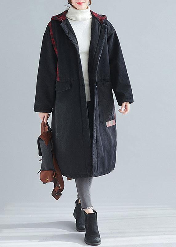 WW | Denim Black Fine Casual Coats Women Inspiration Hooded Patchwork Outwears