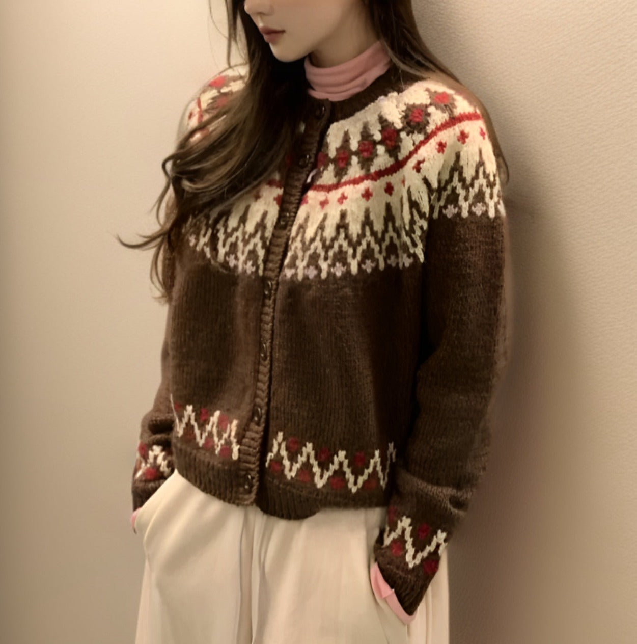 WW | StrickStrickjacke Fair Isle Muster Lange Ärmel Knopfleiste Weich Und Bequem
