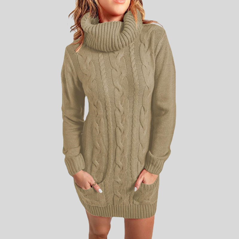 WW | Kabelstrick Rollkragenpullover - Lässiger Schnitt Tunika-Länge Pullover