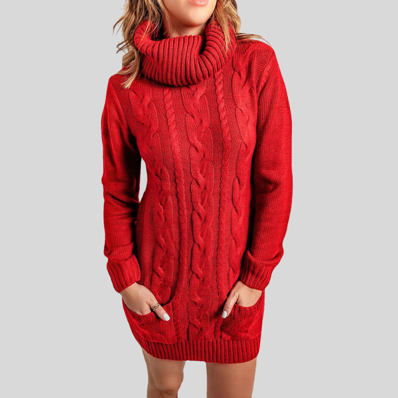 WW | Kabelstrick Rollkragenpullover - Lässiger Schnitt Tunika-Länge Pullover