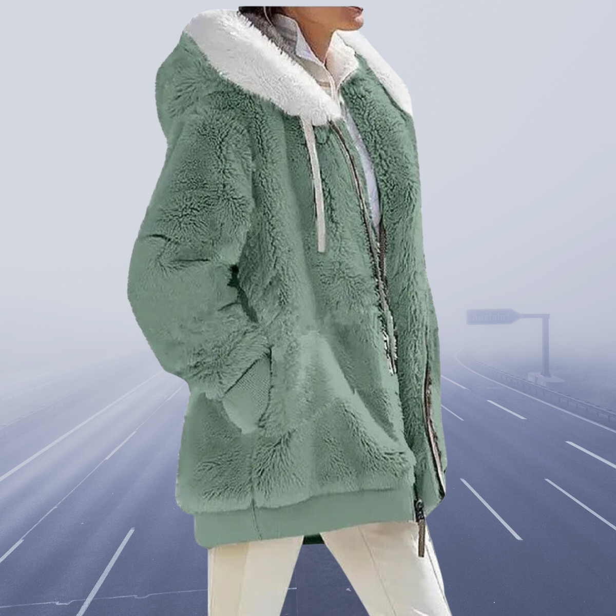 WW | Faux Fur Jacket Hood With Contrast Lining Zipper Warmth And Comfort
