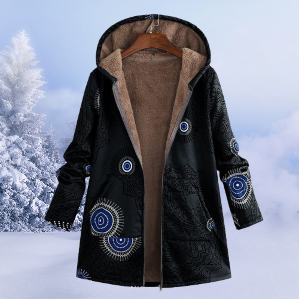 WW | Winter Coat Warm Fleece Lining Hood Floral Pattern Mid-Length Model