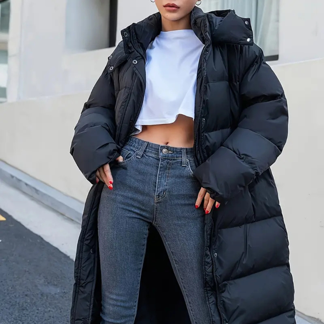 WW | Schwarze Lange Gekleidete Pufferjacke Für Damen