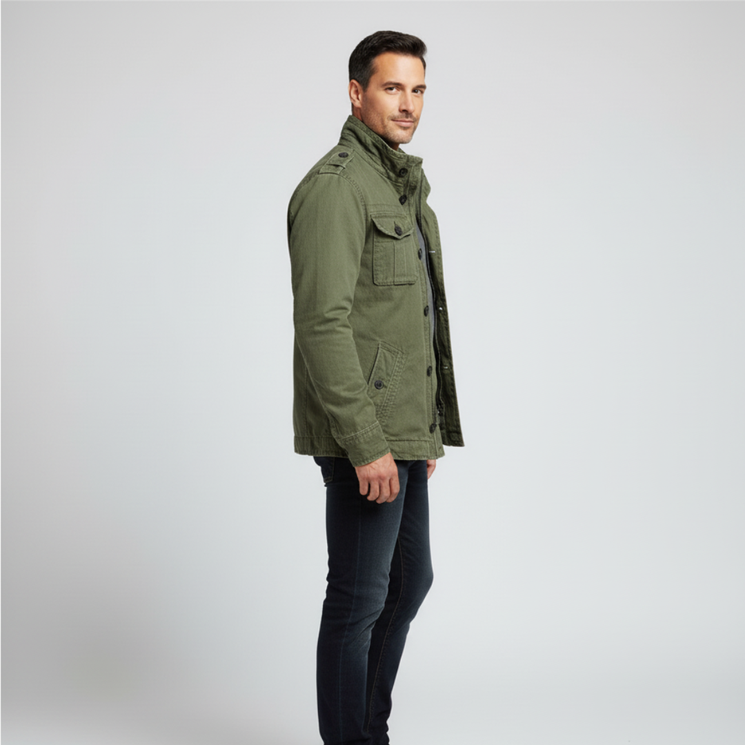 WW | Jeansjacke Reguläre Passform Knopfverschluss Hoher Kragen Mehrere Taschen Schulterklappen