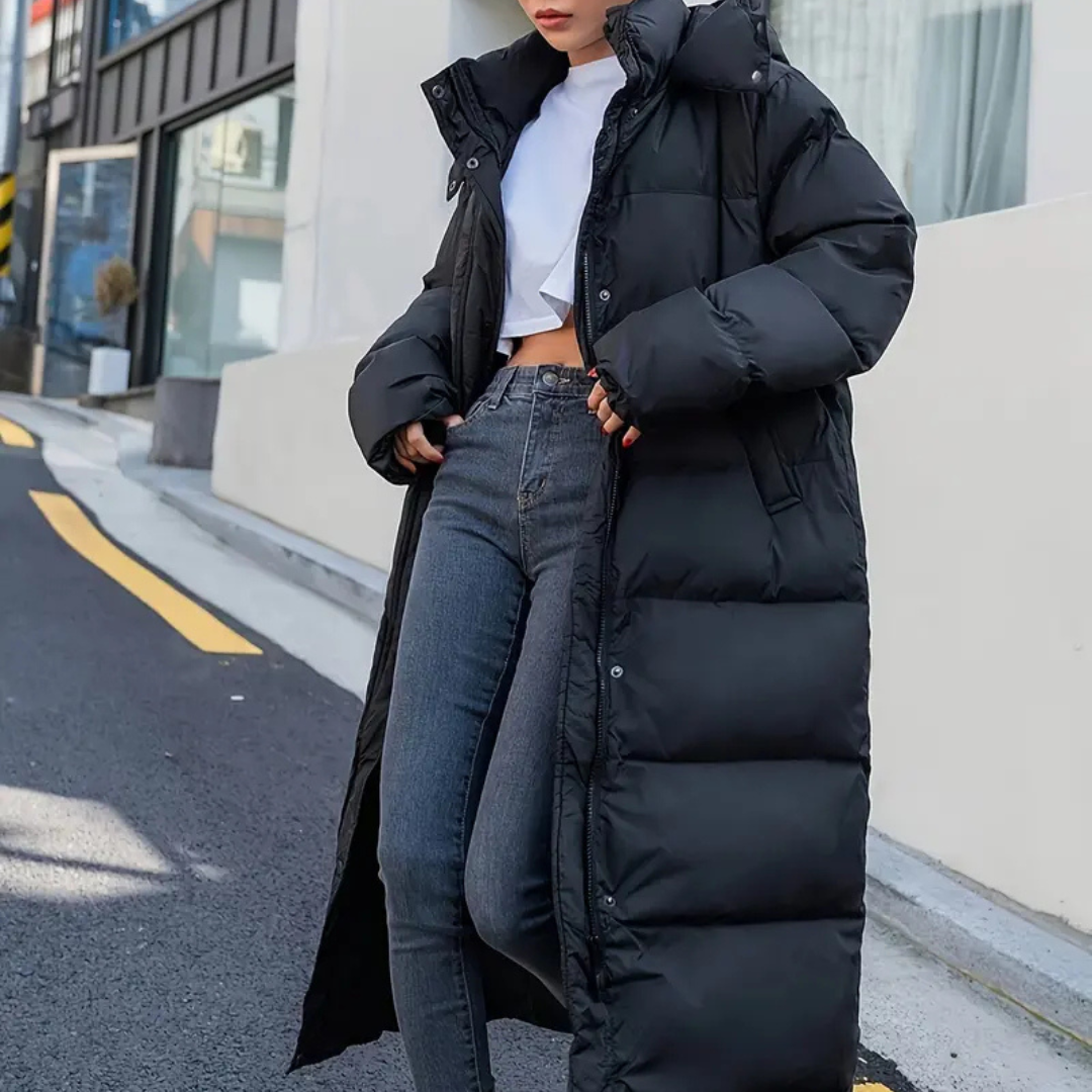 WW | Schwarze Lange Gekleidete Pufferjacke Für Damen