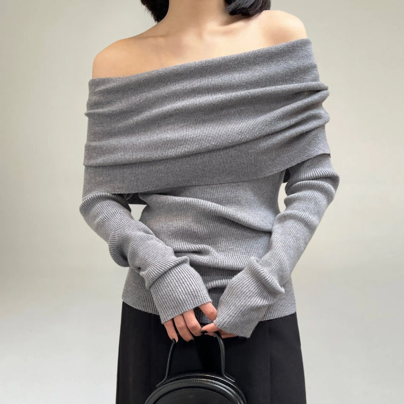 WW | Off-Shoulder Ribbed Knit Slim Fit Elegant Draped Design