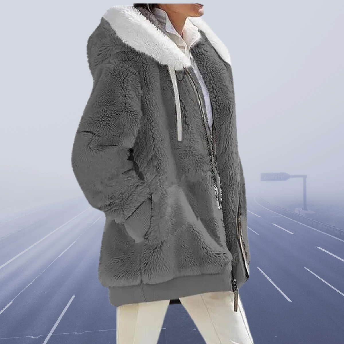 WW | Faux Fur Jacket Hood With Contrast Lining Zipper Warmth And Comfort