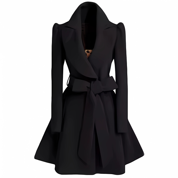 WW | Women's Coat – Slim Fit – Wool Blend – A-Line Skirt – Belt with Bow – Wide Collar