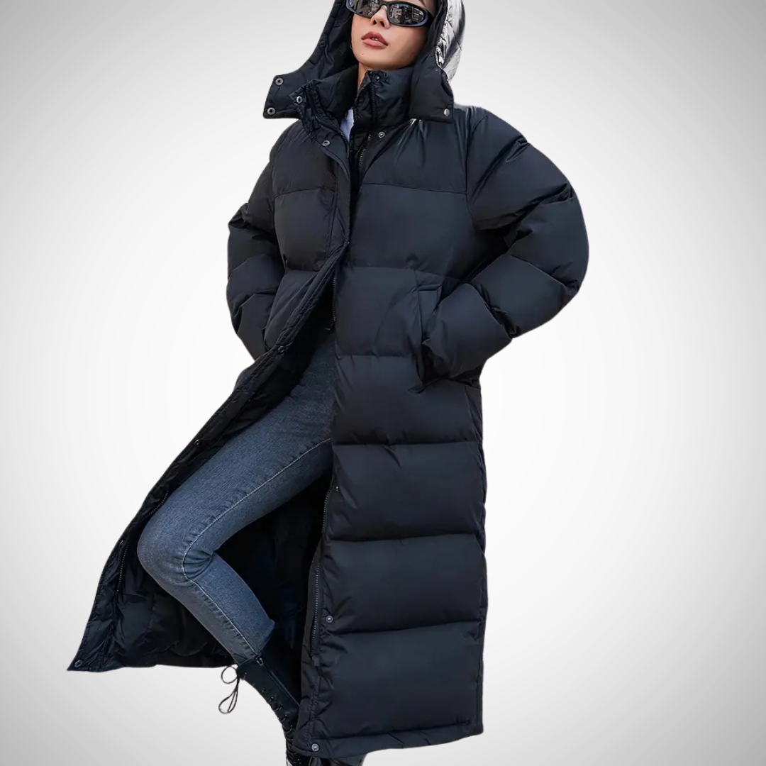 WW | Schwarze Lange Gekleidete Pufferjacke Für Damen
