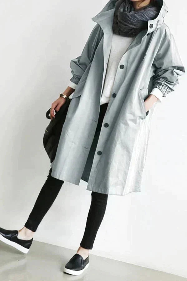 WW | Übergroße Regenjacke mit Kapuze Knopf Vorn und Taschen
