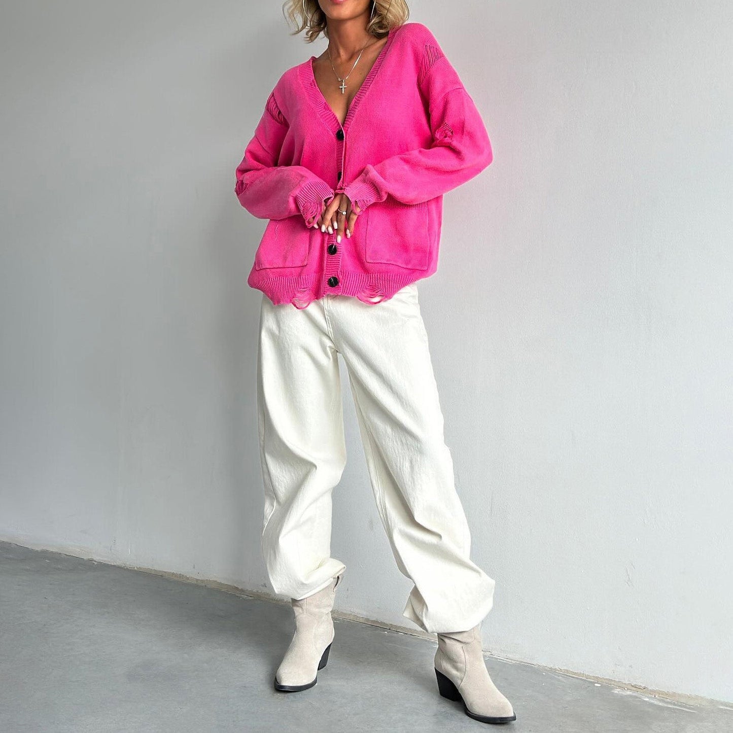 WW | Damen Baumwollmix Pullover mit V-Ausschnitt und aufgesetzten Taschen