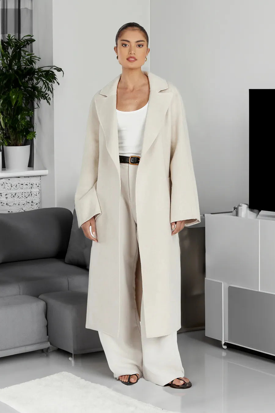 WW | Damen Lange Woll-Trenchcoat mit Reverskragen und Eleganter Passform