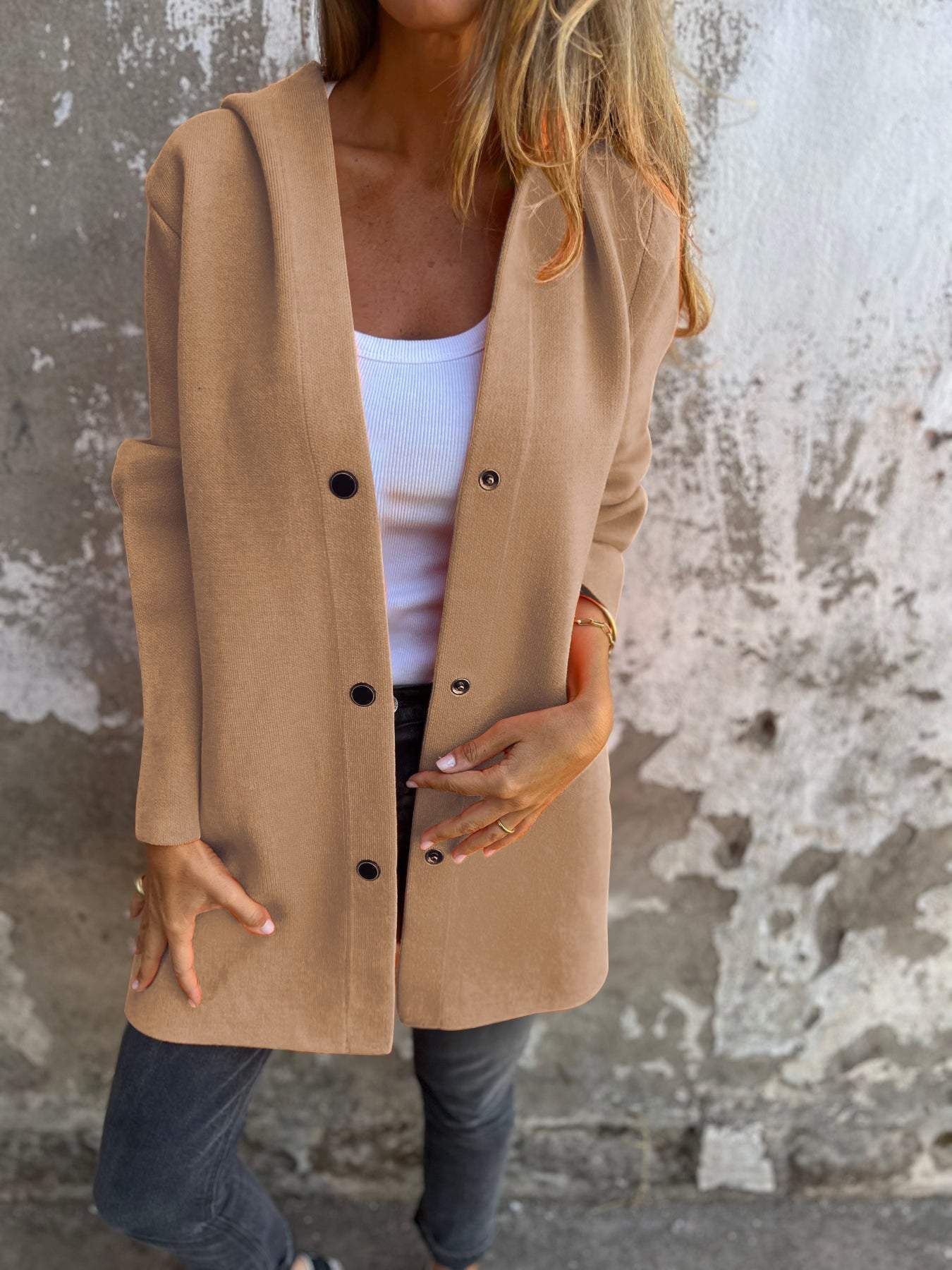 WW | Kapuze Damen Lockere Passform Button up Lange Kapuzenpullover
