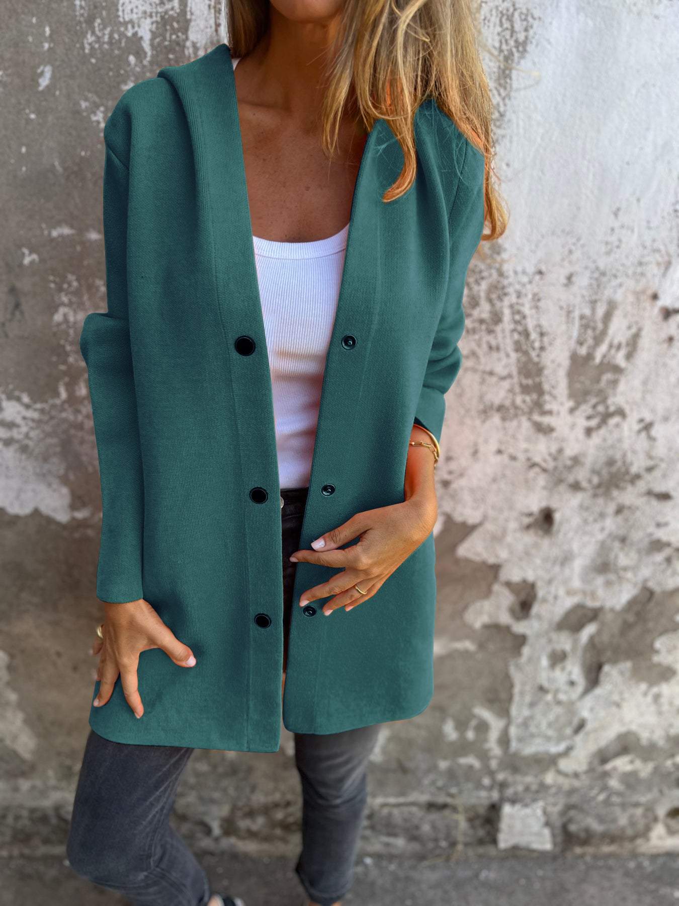 WW | Kapuze Damen Lockere Passform Button up Lange Kapuzenpullover
