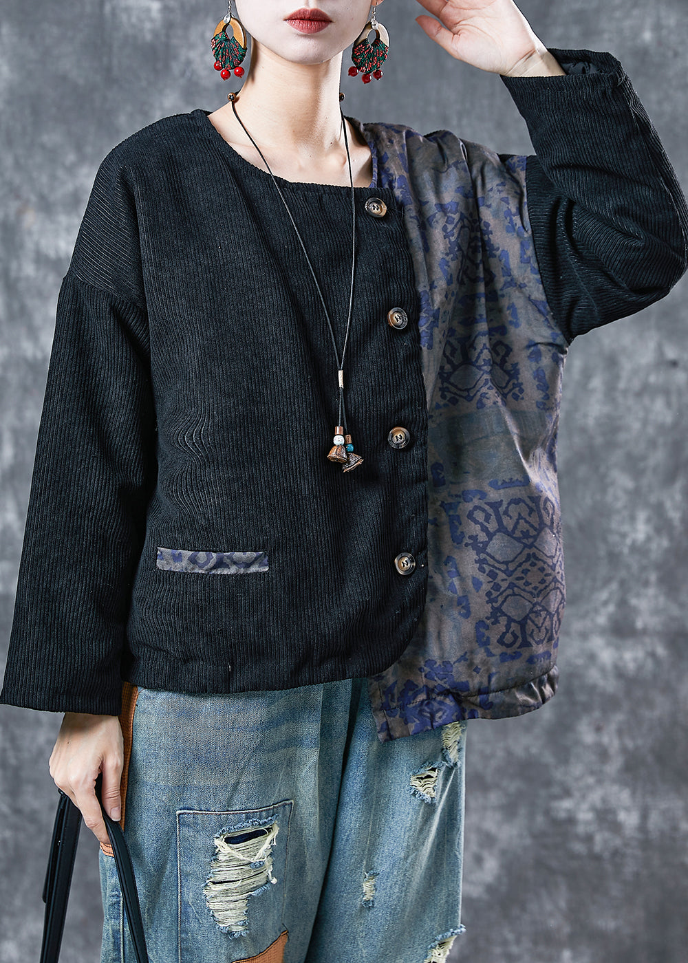 WW | Black Asymmetric Patchwork Fine Cotton Padded Coats Winter