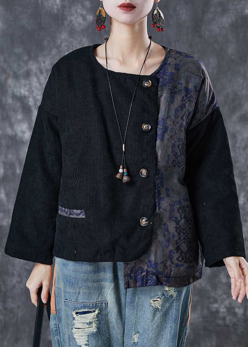 WW | Black Asymmetric Patchwork Fine Cotton Padded Coats Winter