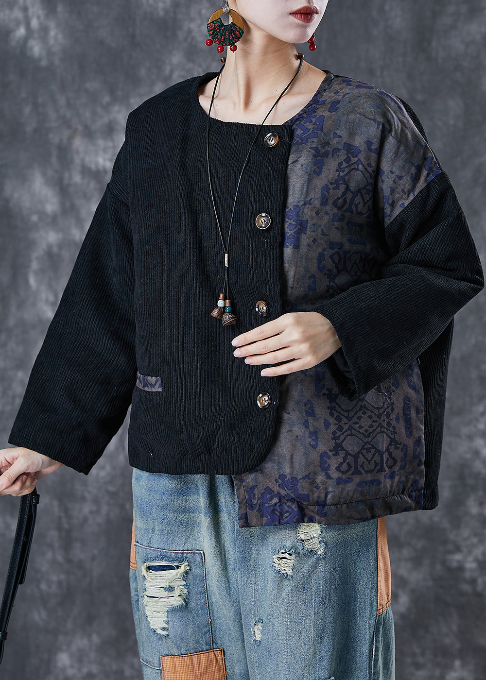 WW | Black Asymmetric Patchwork Fine Cotton Padded Coats Winter