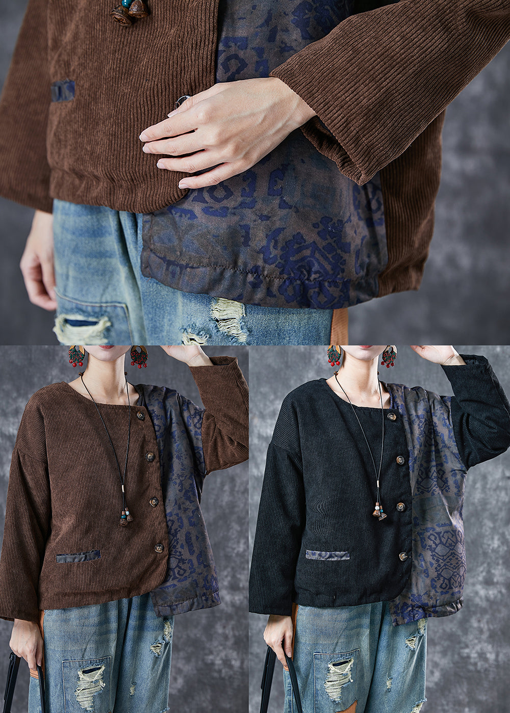 WW | Black Asymmetric Patchwork Fine Cotton Padded Coats Winter