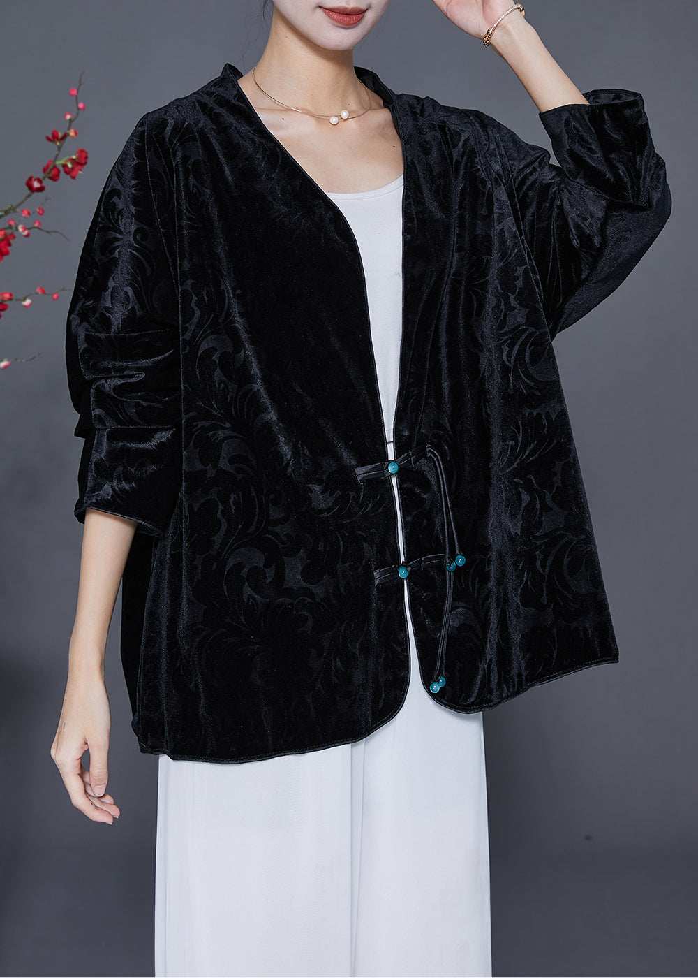 WW | Black Jacquard Chinese Button Silk Velour Jackets