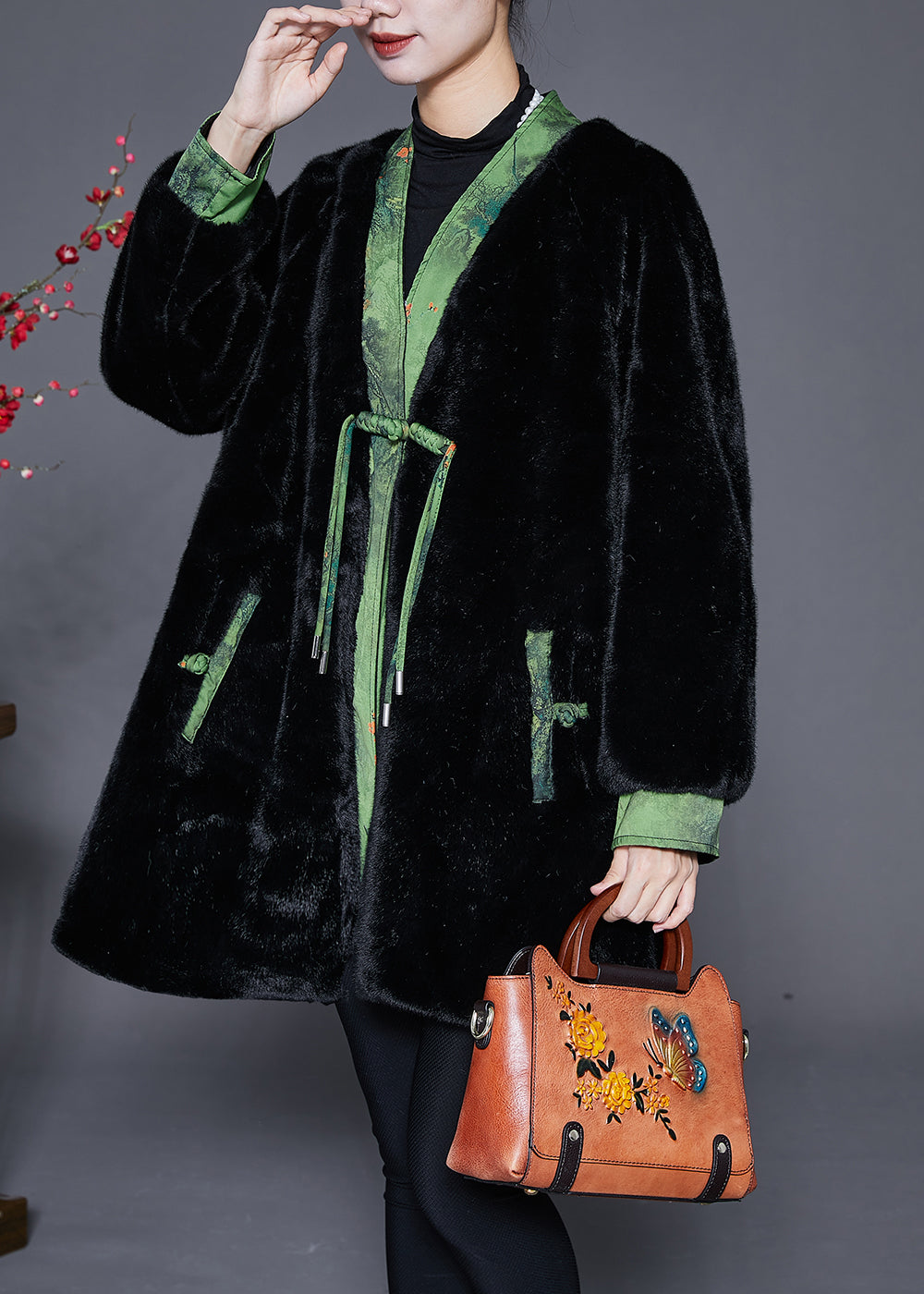 WW | Black Oversized Patchwork Mink Velvet Coats Winter
