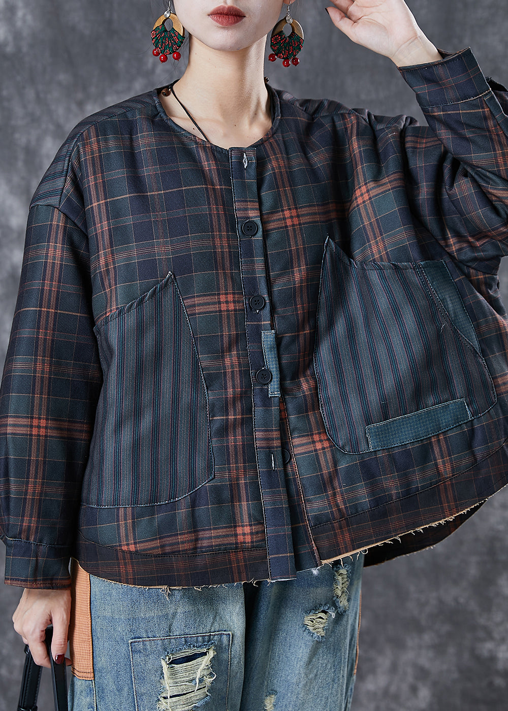 WW | Black Oversized Patchwork Plaid Fine Cotton Padded Coats