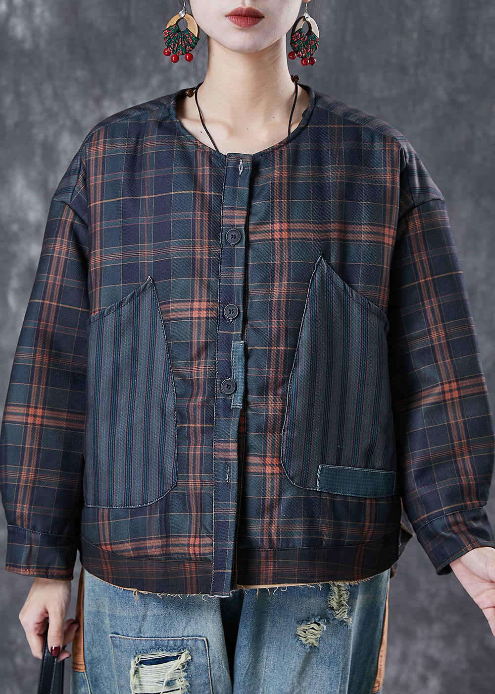 WW | Black Oversized Patchwork Plaid Fine Cotton Padded Coats