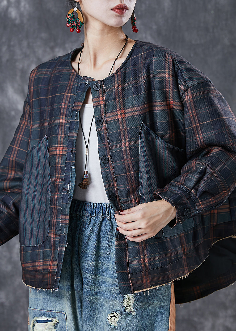 WW | Black Oversized Patchwork Plaid Fine Cotton Padded Coats