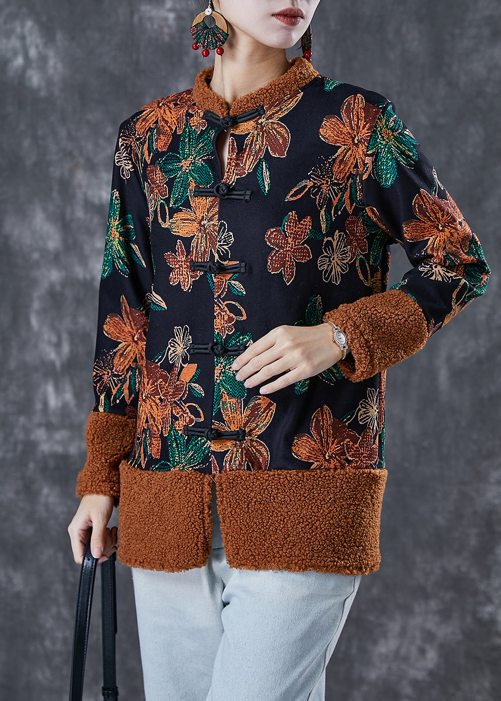 WW | Black Print Patchwork Warm Fleece Coats Winter