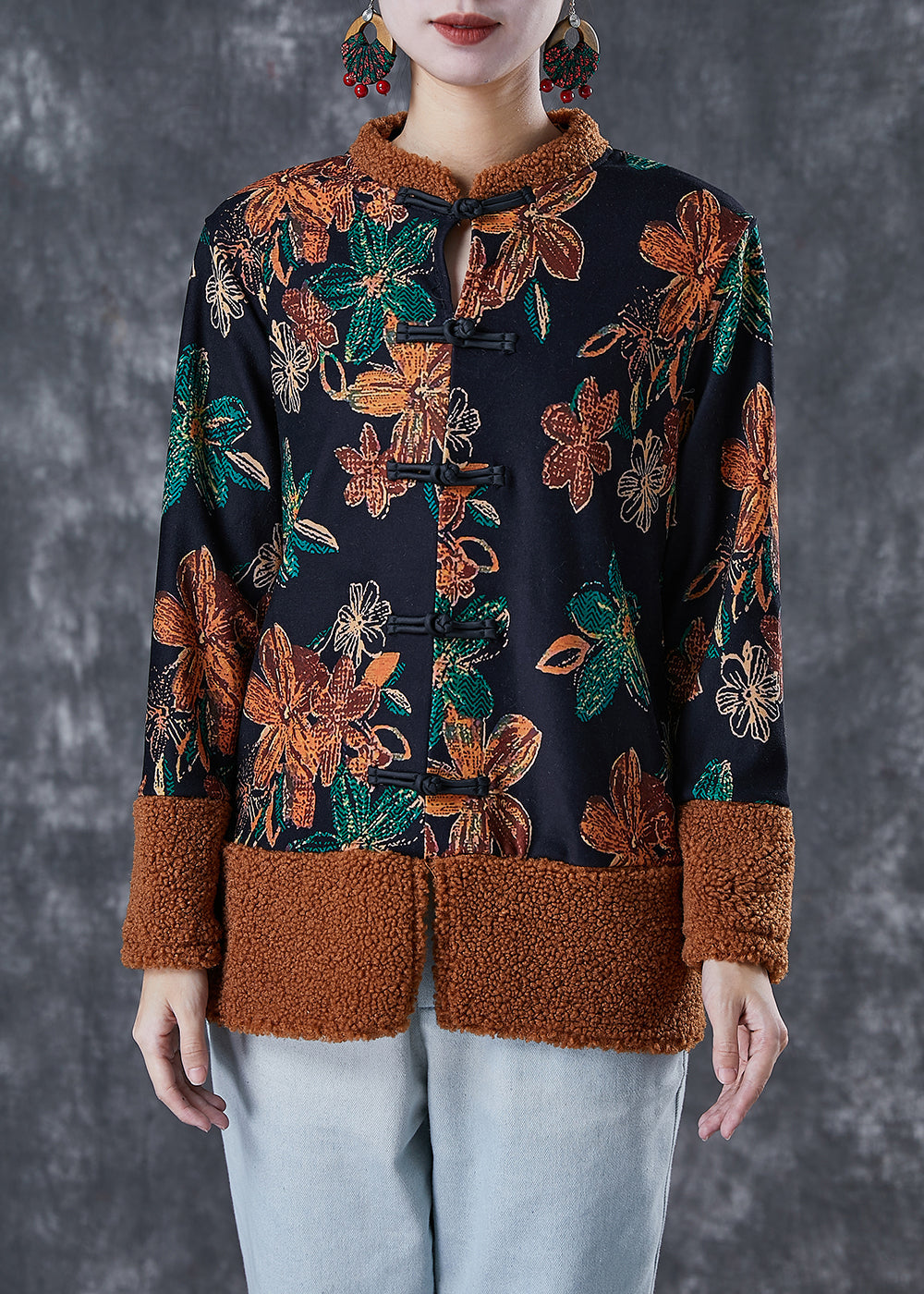 WW | Black Print Patchwork Warm Fleece Coats Winter