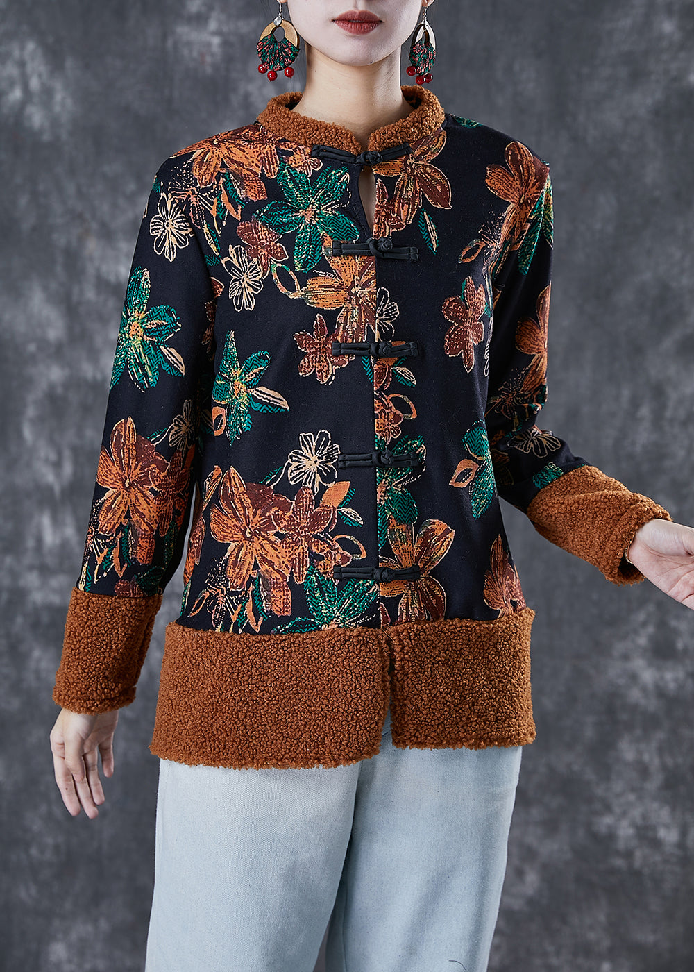 WW | Black Print Patchwork Warm Fleece Coats Winter