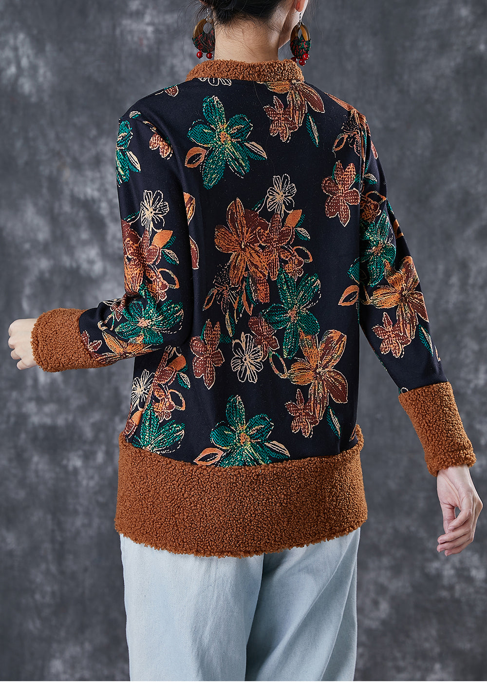 WW | Black Print Patchwork Warm Fleece Coats Winter
