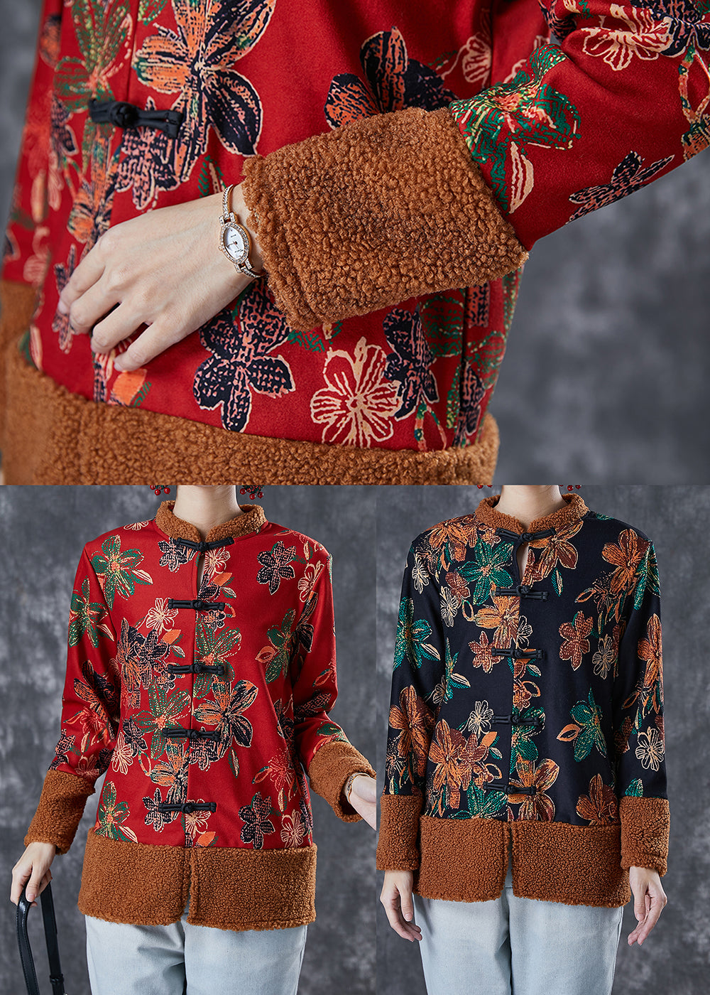 WW | Black Print Patchwork Warm Fleece Coats Winter