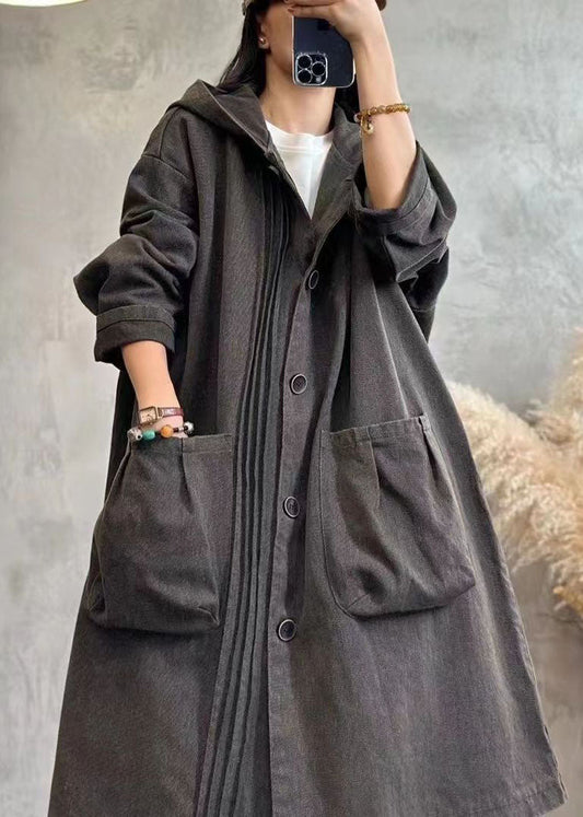 WW | Schwarz gewellter Patchwork Button Kapuzen Denim Trenchcoats Langarm