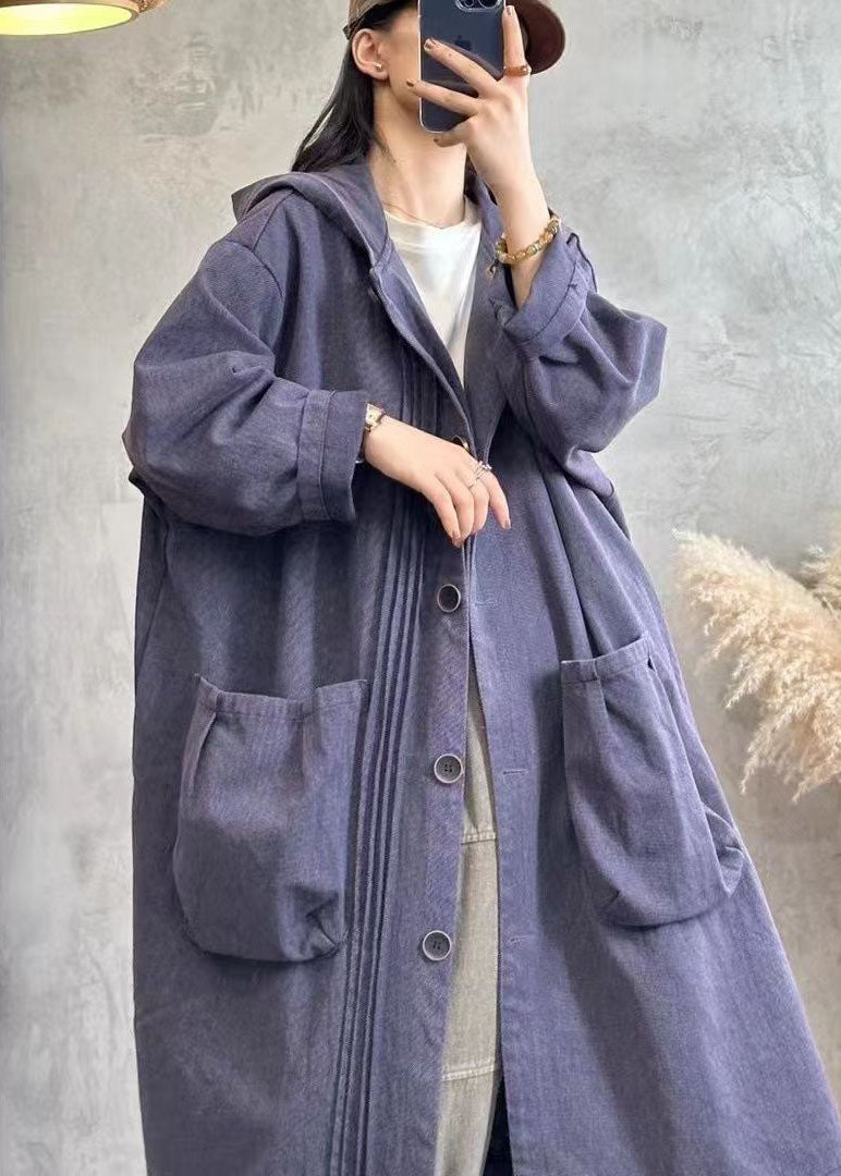 WW | Black Wavy Patchwork Button Hooded Denim Trench Coats Long Sleeve