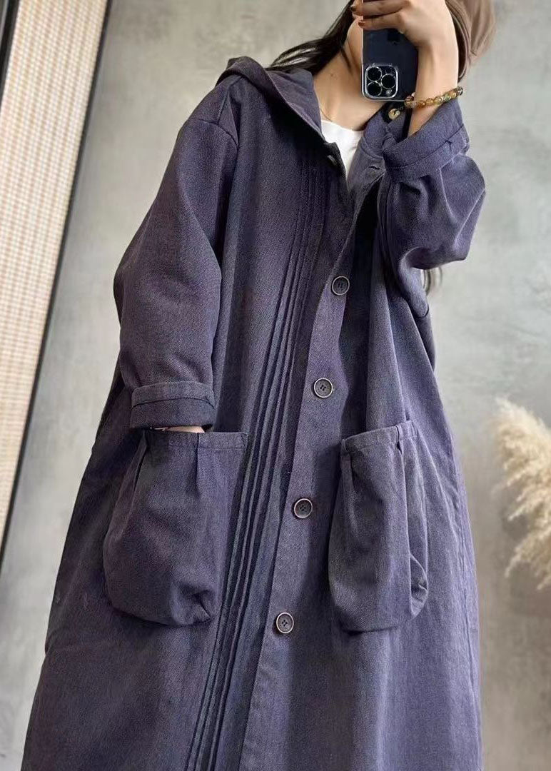 WW | Black Wavy Patchwork Button Hooded Denim Trench Coats Long Sleeve