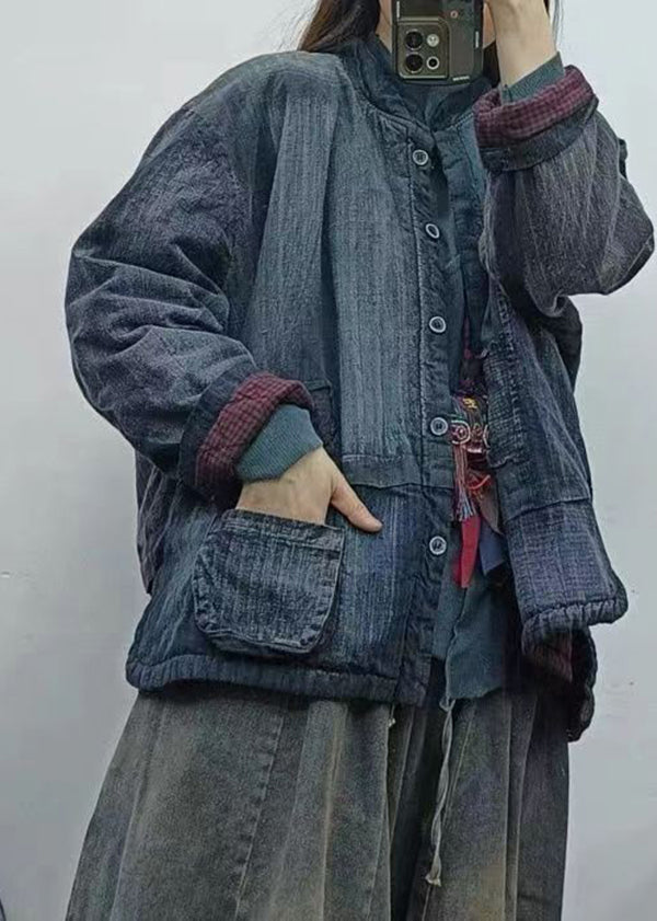 WW | Blue Stand-Up Collar Pockets Patchwork Fine Cotton-Filled Jackets Winter