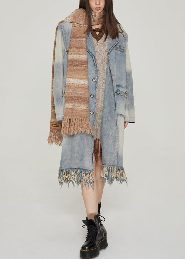 WW | Blue Tassel Pocket Patchwork Denim Long Coats