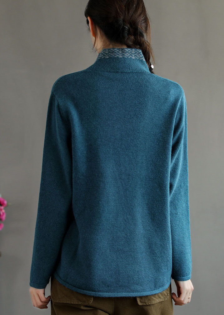 WW | Blue Button V-neck Embroidered Wool Coats Long Sleeve