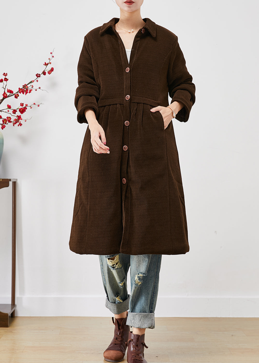 WW | Schokoladenwarme feine Baumwollfüllung Cordtrenchcoats Winter